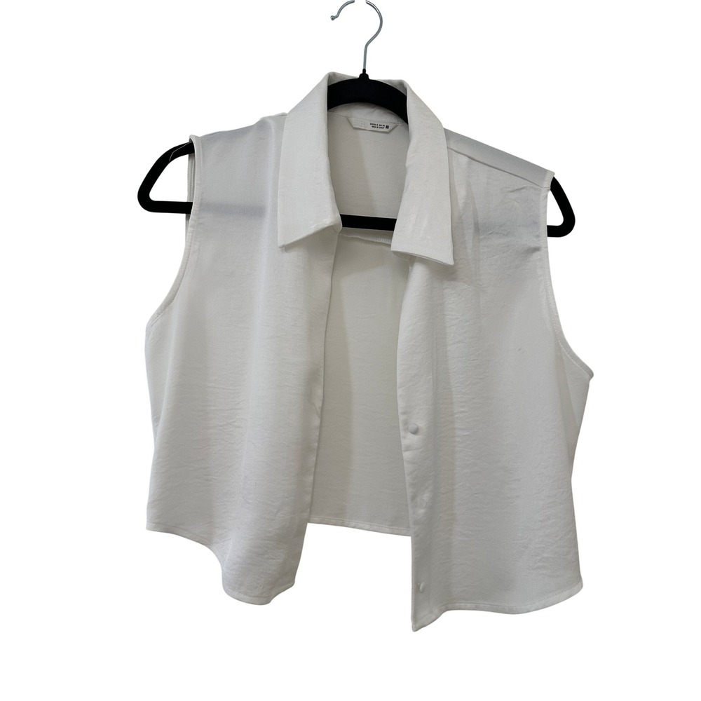 Zara Womens White Sleeveless Button Down Satin Cropped Shirt Sz S Office Minimal